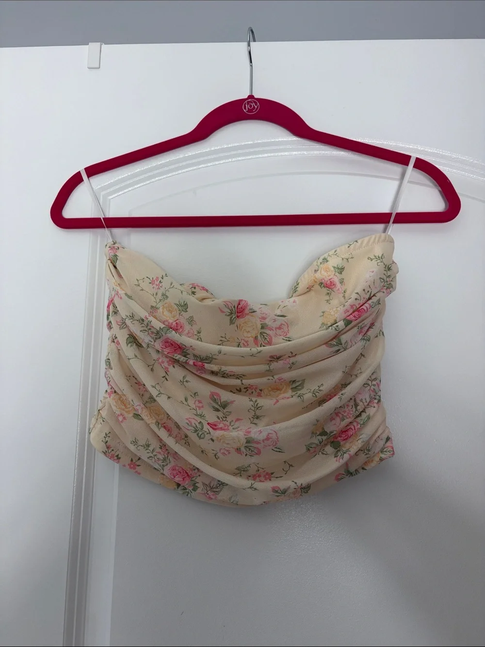 Floral Ruching Strapless Crop Top - Cream Pink Roses
